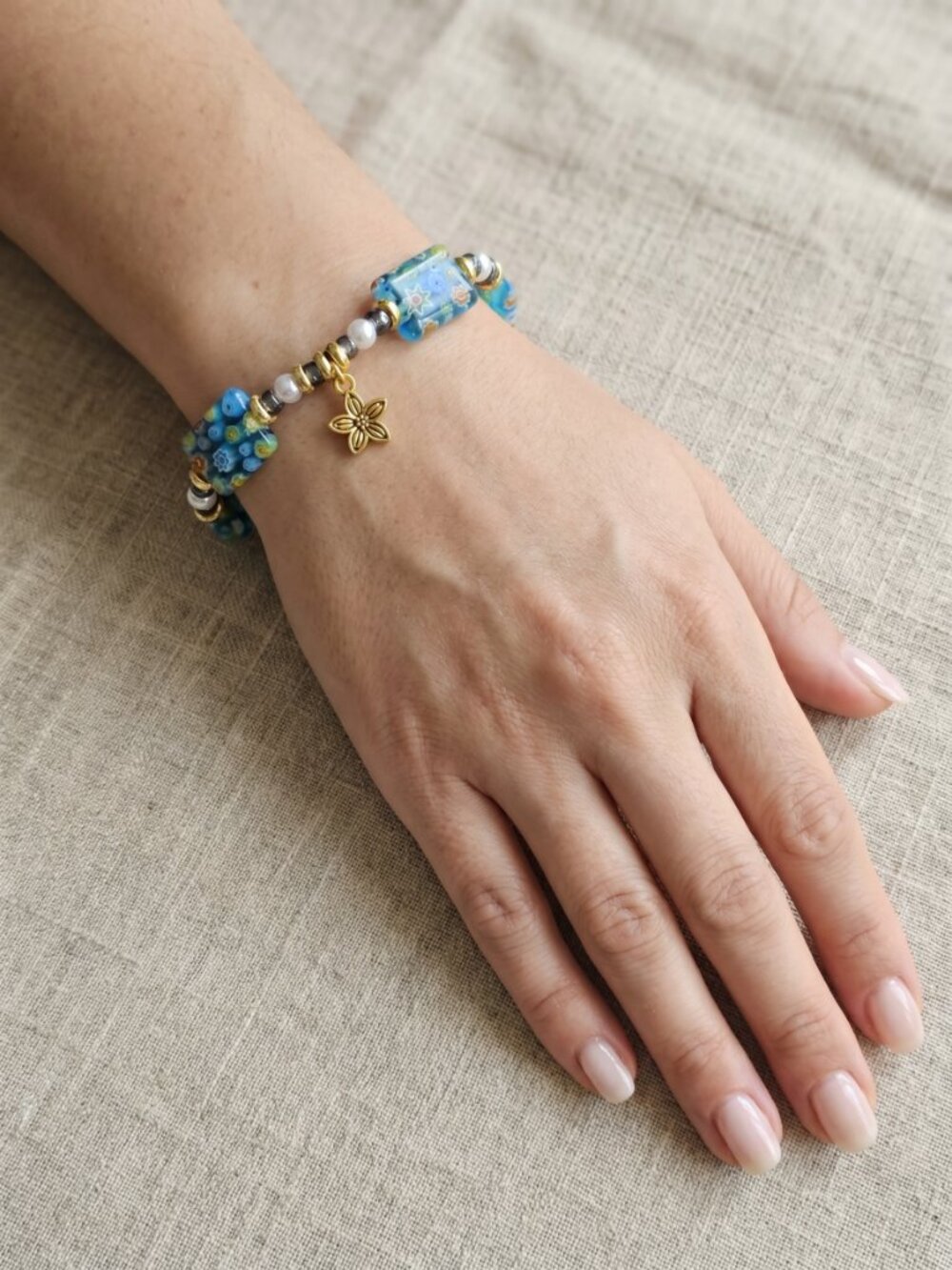 Designs by Forte Millefiori Glass & Pearl Stretch Bracelet with Flower Charm